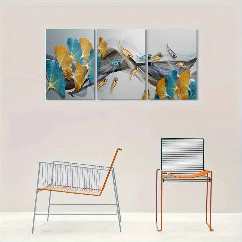 3pcs Modern Abstract Golden Blue Metal Print Ready to Hang Art