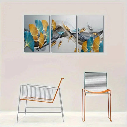 3pcs Modern Abstract Golden Blue Metal Print Ready to Hang Art