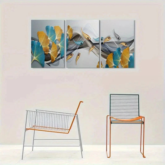 3pcs Modern Abstract Golden Blue Metal Print Ready to Hang Art