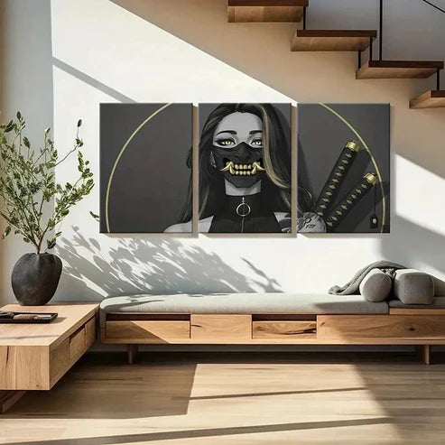 3pcs Woman In Mask and Katana Modern Canvas Unframed - High Quality Print 100% Australian Made Wall Canvas