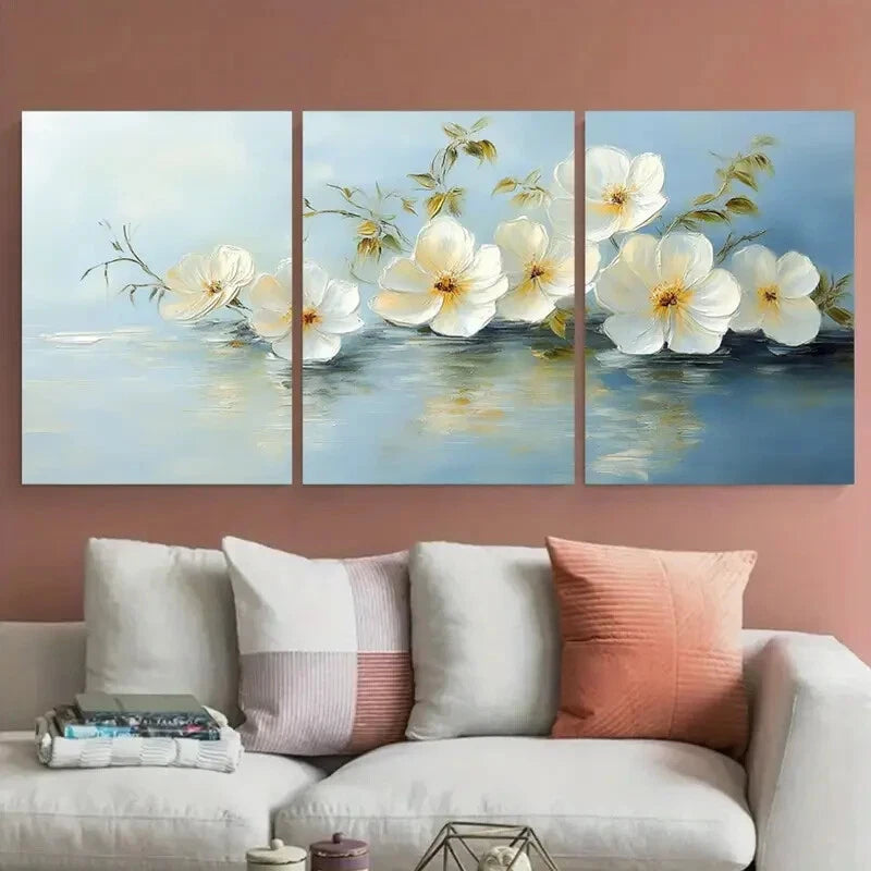 3pcs Elegant White Flowers Blossoms by the Water Metal Print Ready to Hang Art