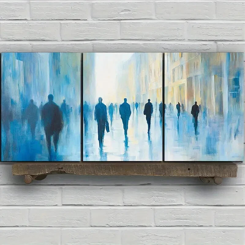 3pcs Chariots and Crowds on the Square Blue Themed Metal Print Ready to Hang Art