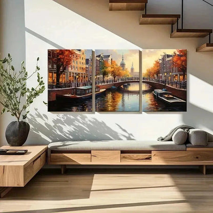 3pcs Autumn Canal Bridge Architecture Wall Art Set Canvas Framed 40x60cm - High Quality Print 100% Australian Made Wall Canvas Ready to Hang