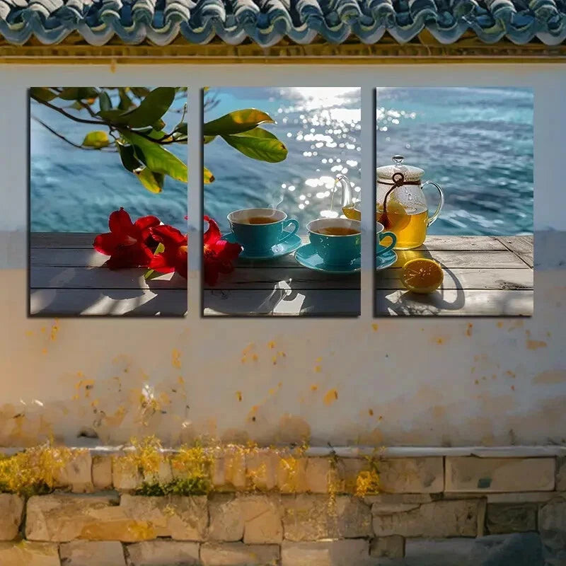 3pcs Tea Leaves and Lemons Standing on a Table Metal Print Ready to Hang Art