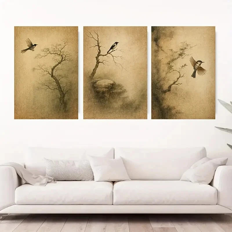 3pcs Japanese-Inspired Tree & Bird Mountain Metal Print Ready to Hang Art