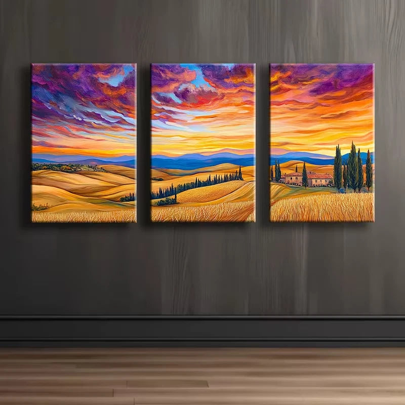 3pcs Sunset Landscape Fields Wall Art Set Canvas Framed 60x90cm - High Quality Print 100% Australian Made Wall Canvas Ready to Hang