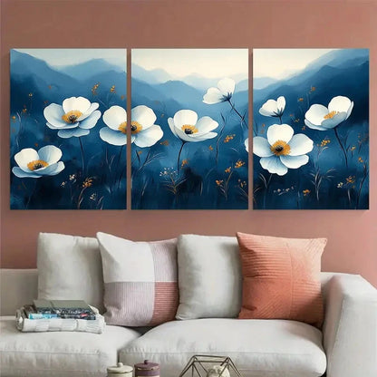3pcs Serene White Primrose Meadow Blue Toned Metal Print Ready to Hang Art
