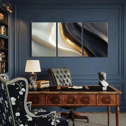3pcs Abstract Silk Flow Golden Lines Black White Metal Print Ready to Hang Art