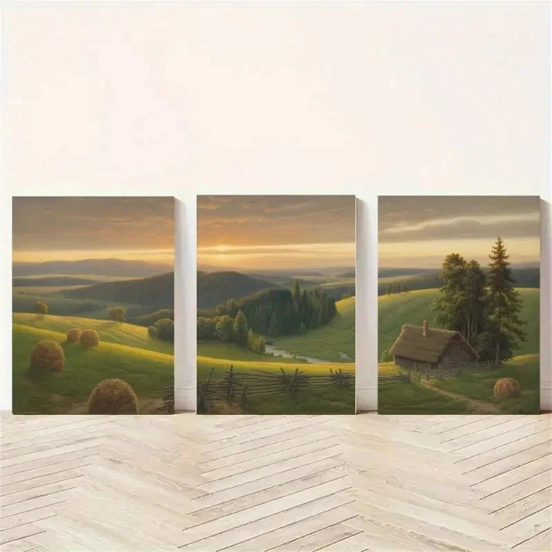 3pcs Rolling Hills Wooden Fence Cabin Painting Metal Print Ready to Hang Art