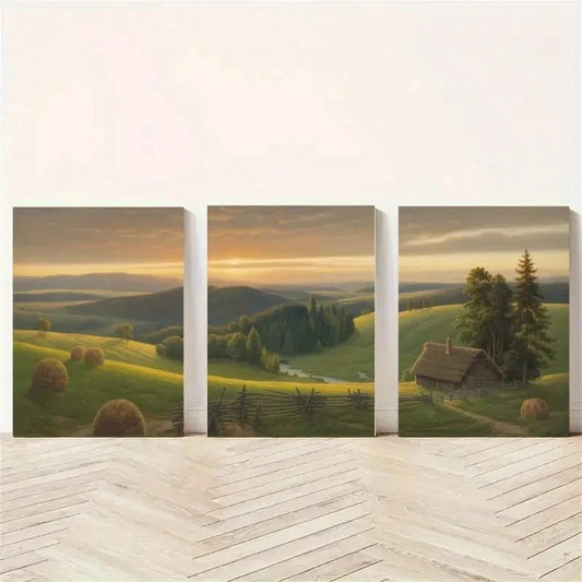 3pcs Rolling Hills Wooden Fence Cabin Painting Metal Print Ready to Hang Art