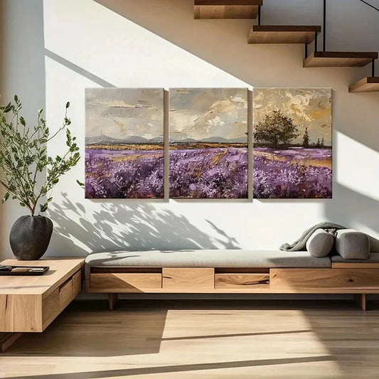 3pcs Abstract Landscape Painting Purple Fields Metal Print Ready to Hang Art