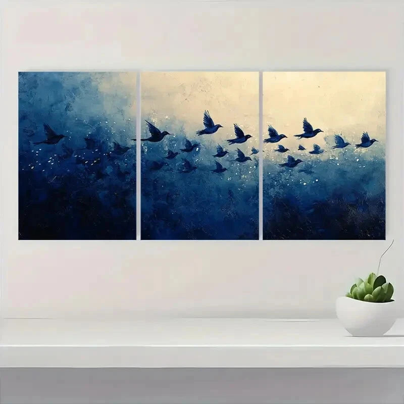 3pcs Minimalist Abstract Navy Blue Bird Flock Metal Print Ready to Hang Art