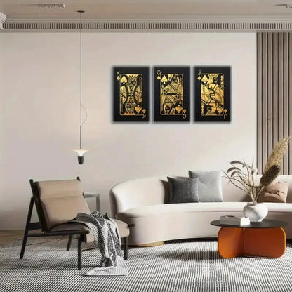 3pcs Elegant Black & Golden Playing Card Art Metal Print Ready to Hang Art