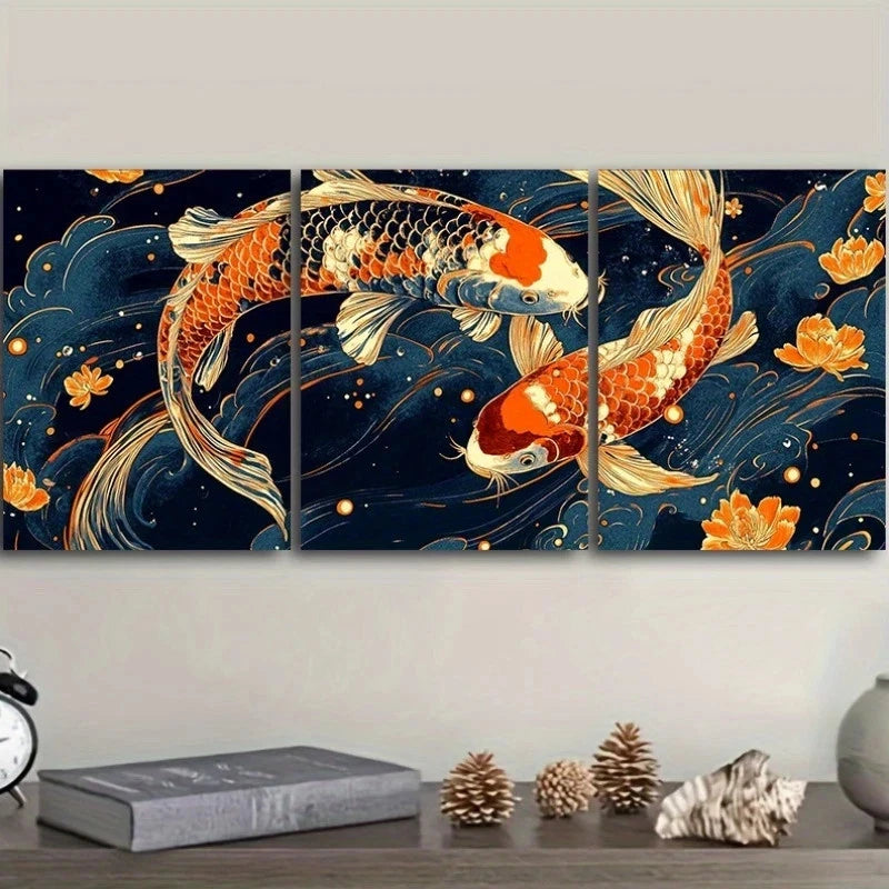 3pcs Featuring Koi Fish Golden Blue Metal Print Ready to Hang Art