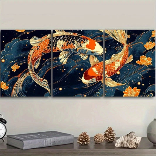 3pcs Featuring Koi Fish Golden Blue Metal Print Ready to Hang Art