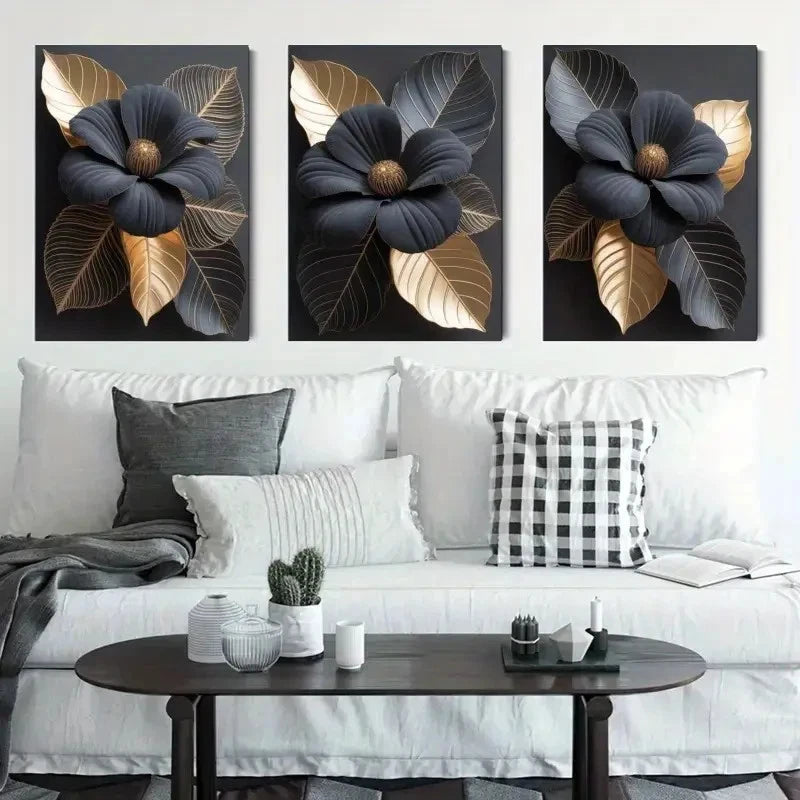 3pcs Golden Leaves and Dark Flowers Metal Print Ready to Hang Art
