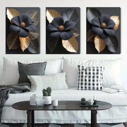 3pcs Golden Leaves and Dark Flowers Metal Print Ready to Hang Art