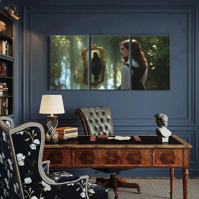 3pcs Mirror Reflection Forest Scene Woman Metal Print Ready to Hang Art