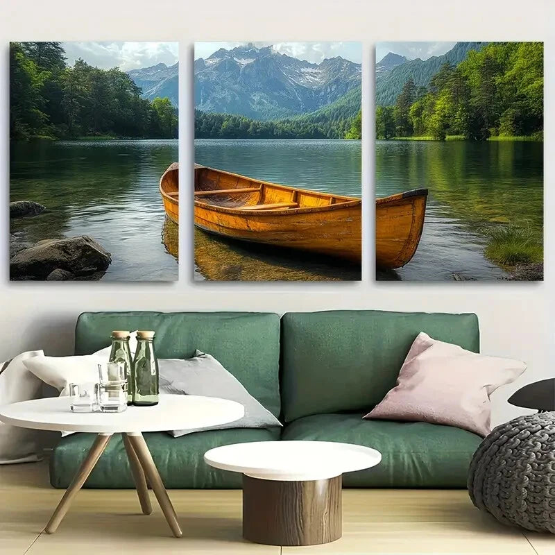 3pcs Serene Nature Scenes Featuring Canoe Metal Print Ready to Hang Art