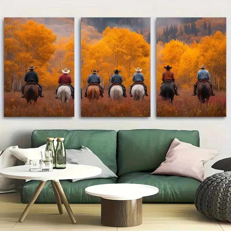 3pcs Autumn Cowboy Riders in Fall Metal Print Ready to Hang Art