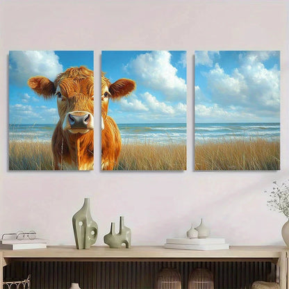 3pcs Vibrant Cow & Pastoral Farm Animal Metal Print Ready to Hang Art