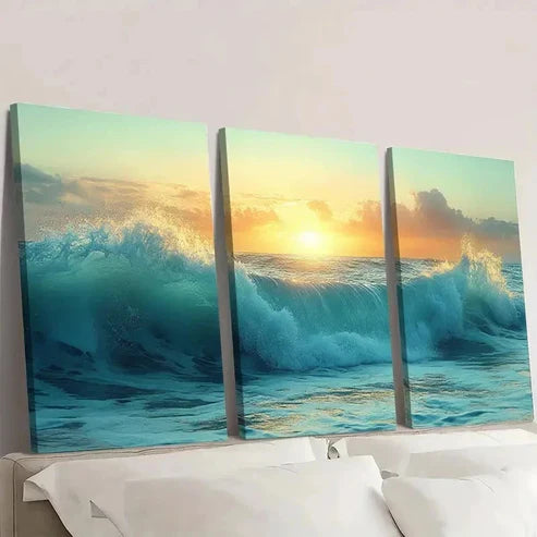 3pcs Green Nautical Beach Ocean Wave EU Wall Art Set Canvas Unframed - High Quality Print 100% Australian Made Wall Canvas - Bella Home Decor