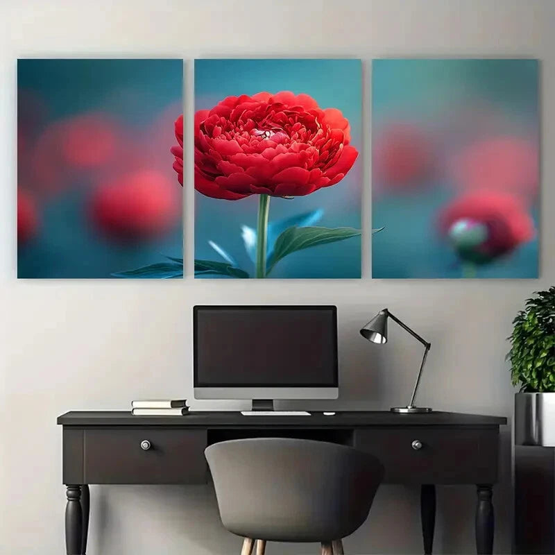3pcs Crimson Red Peony Floral Photography Design Metal Print Ready to Hang Art