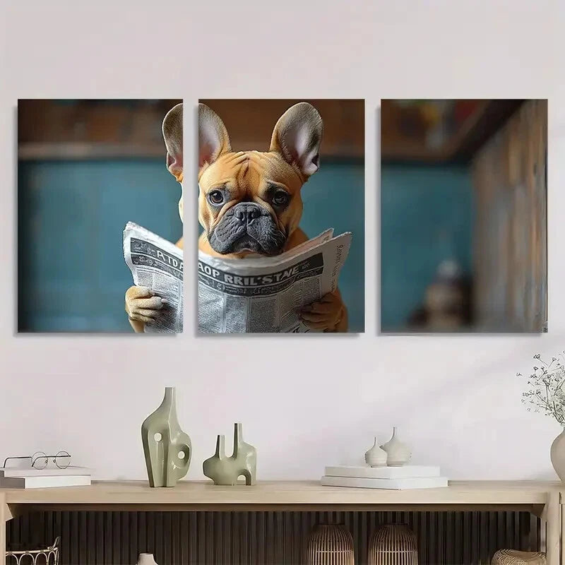 3pcs Funny French Bulldog Whimsical Dog Reading Metal Print Ready to Hang Art