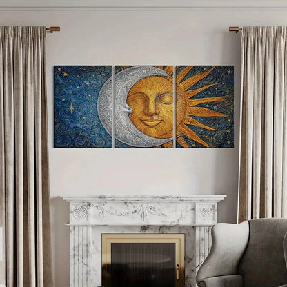 3pcs Sun Moon Celestial Art Golden Silvery Face Metal Print Ready to Hang Art