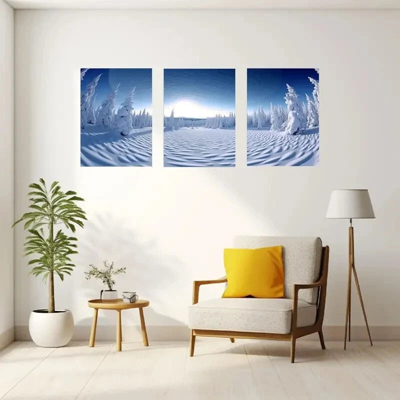 3pcs Snow Forest Scene with Pine Trees Sunlit Sky Metal Print Ready to Hang Art