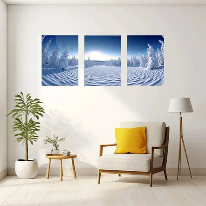 3pcs Snow Forest Scene with Pine Trees Sunlit Sky Metal Print Ready to Hang Art