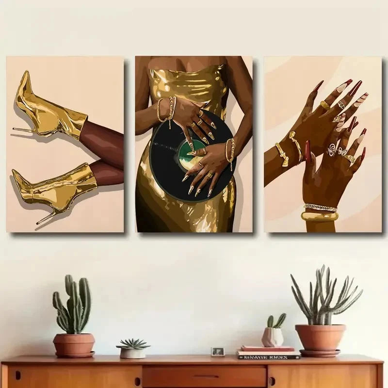 3pcs Golden Boots and Hand Accessories Metal Print Ready to Hang Art