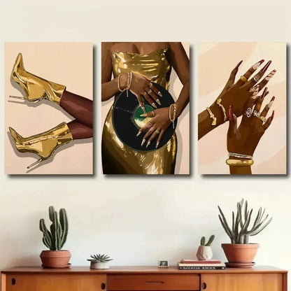 3pcs Golden Boots and Hand Accessories Metal Print Ready to Hang Art