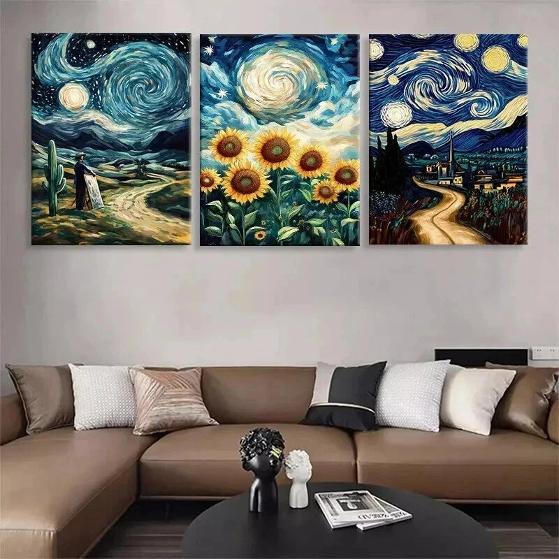 3pcs Starry Night Sunflower Swirl Sky Perfect Wall Art Set Canvas Framed 40x60cm - High Quality Print 100% Australian Made Wall Canvas Ready to Hang