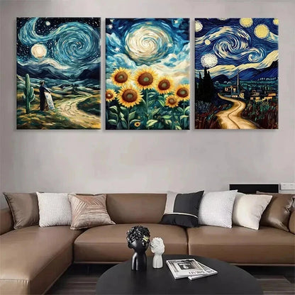3pcs Starry Night Sunflower Swirl Sky Perfect Wall Art Set Canvas Framed 40x60cm - High Quality Print 100% Australian Made Wall Canvas Ready to Hang
