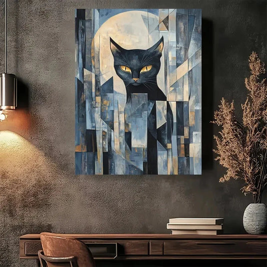 Beautiful Geometric Black Cat with Yellow Eye Painting 40x60cm Metal Print Ready to Hang
