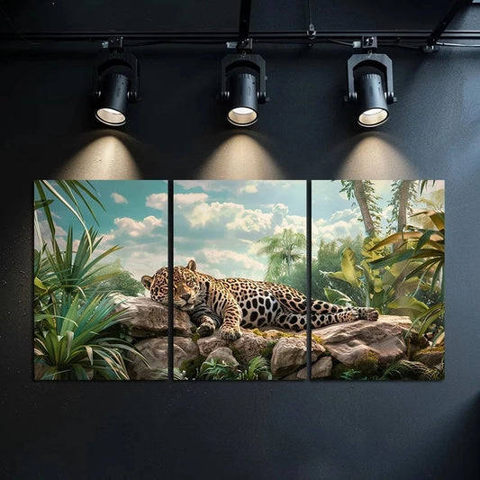 3pcs Beautiful Jaguar Resting on Rocks in Jungle Metal Print Ready to Hang Art