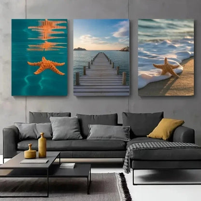 3pcs Ocean Sunset Scene with Vibrant Orange Metal Print Ready to Hang Art