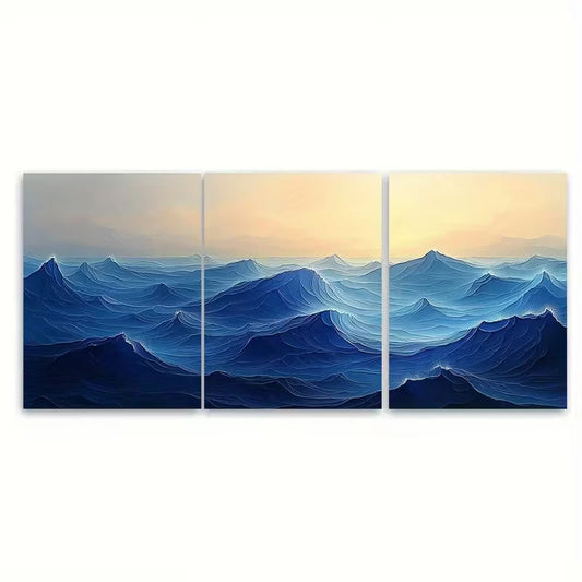 3pcs Abstract Geometric Sea Waves Metal Print Ready to Hang Art