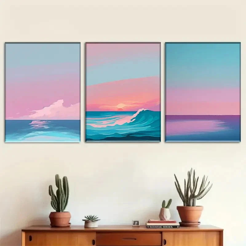 3pcs Seaside Warm Wave Style Hanging Prints Metal Print Ready to Hang Art