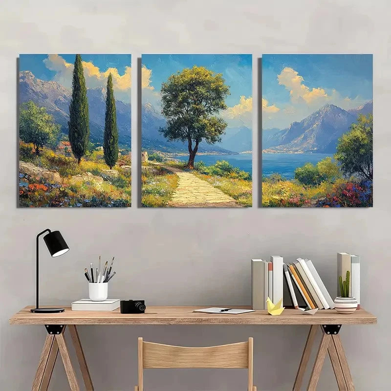 3pcs Green Tree & Mountain Landscape Perfect Wall Art Set Canvas Framed 40x60cm - High Quality Print 100% Australian Made Wall Canvas Ready to Hang