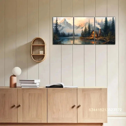 3pcs Cozy Forest & Cabin Landscape Scene Metal Print Ready to Hang Art