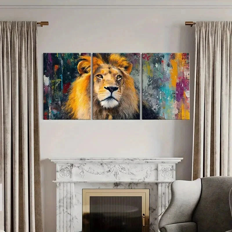 3pcs Lion Artwork Vibrant Colors Abstract Metal Print Ready to Hang Art
