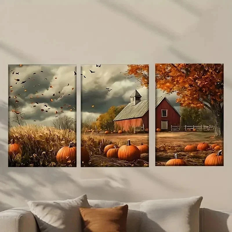 3pcs Farmhouse and a Pumpkin Field Wall Art Set Canvas Framed 40x60cm - High Quality Print 100% Australian Made Wall Canvas Ready to Hang