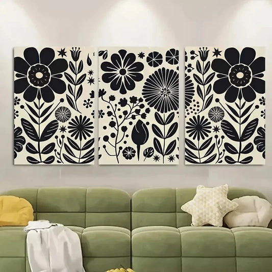 3pcs Minimalist Black and Beige Floral Metal Print Ready to Hang Art