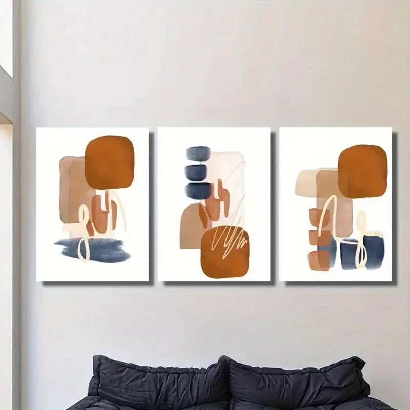 3pcs Geometric Shapes in Rust Navy Blue & Beige Metal Print Ready to Hang Art