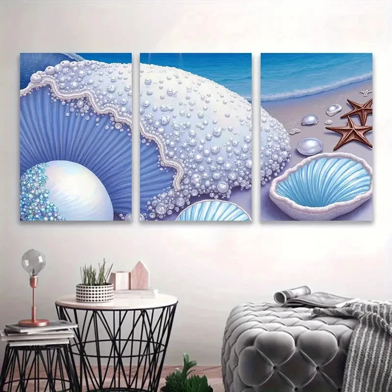 3pcs Seashell Coastal Scene Wall Art Set Canvas Framed 60x90cm - High Quality Print 100% Australian Made Wall Canvas Ready to Hang