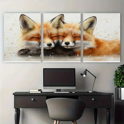 3pcs Two Wild Foxes Snuggling Illustration Metal Print Ready to Hang Art