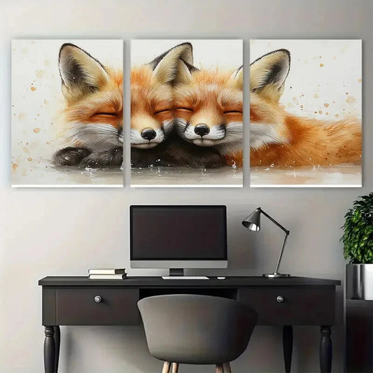 3pcs Two Wild Foxes Snuggling Illustration Metal Print Ready to Hang Art