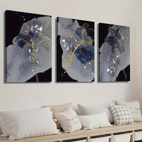 3pcs Blue Golden and Grey Botanical Flower Wall Art Set Canvas Unframed - High Quality Print 100% Australian Made Wall Canvas